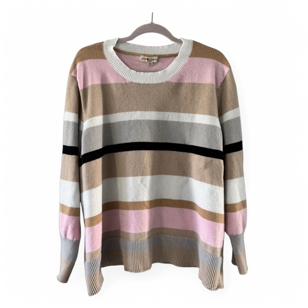 Love Change Striped Knit Crewneck Sweater Pink Beige White Gray Black Size 3X